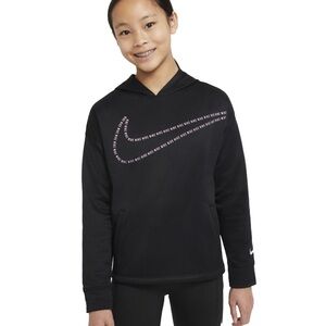 Nike Youth Girls Therma Fit Black Hoodie Pink Logo